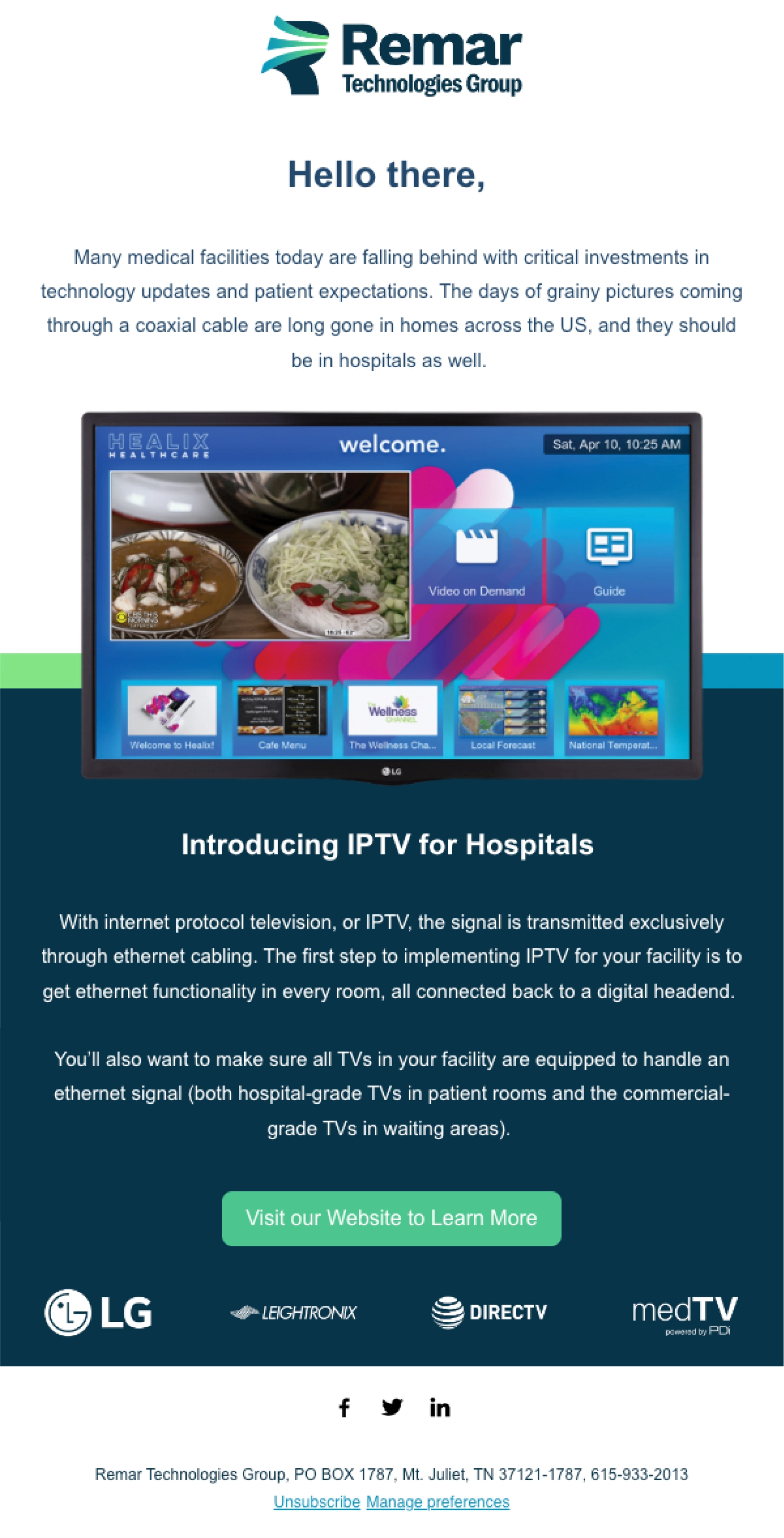 Remar Technologies Group Introducing IPTV for Hospitals email design