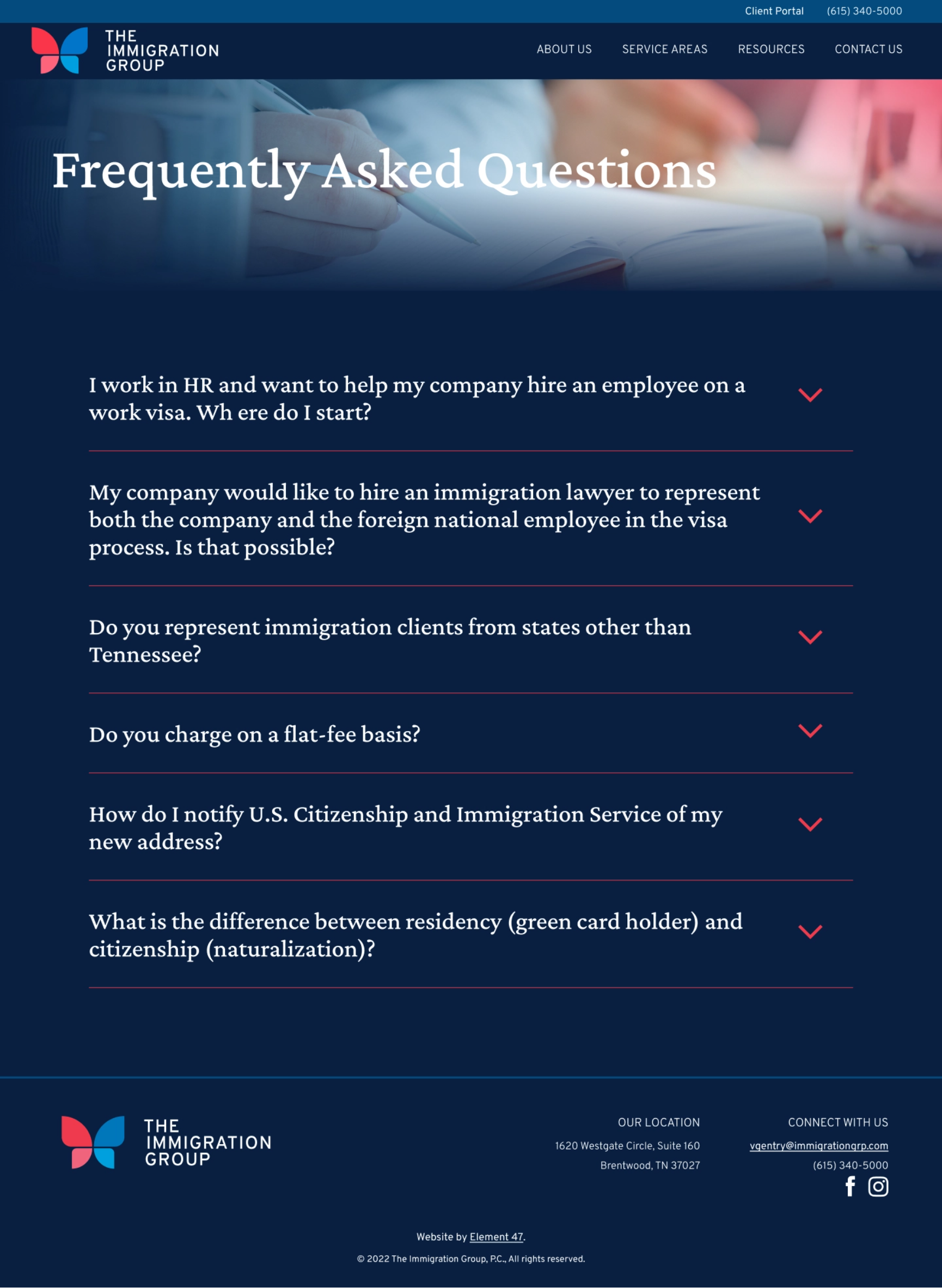 The Immigration Group FAQs page design